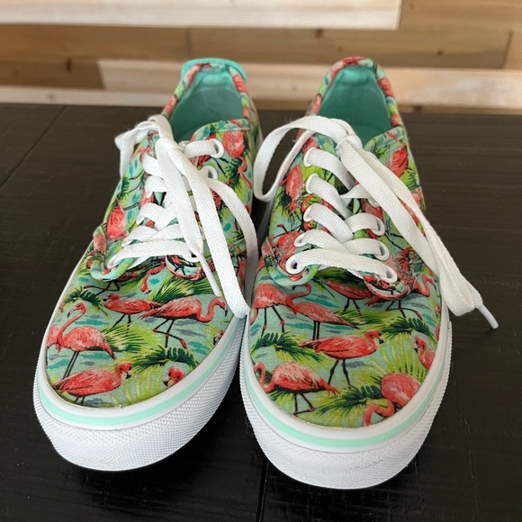 Vans Off The Wall Sneakers Womens Size 7 Green Tropical Flamingo Lace Up Shoes - Picture 2 of 10